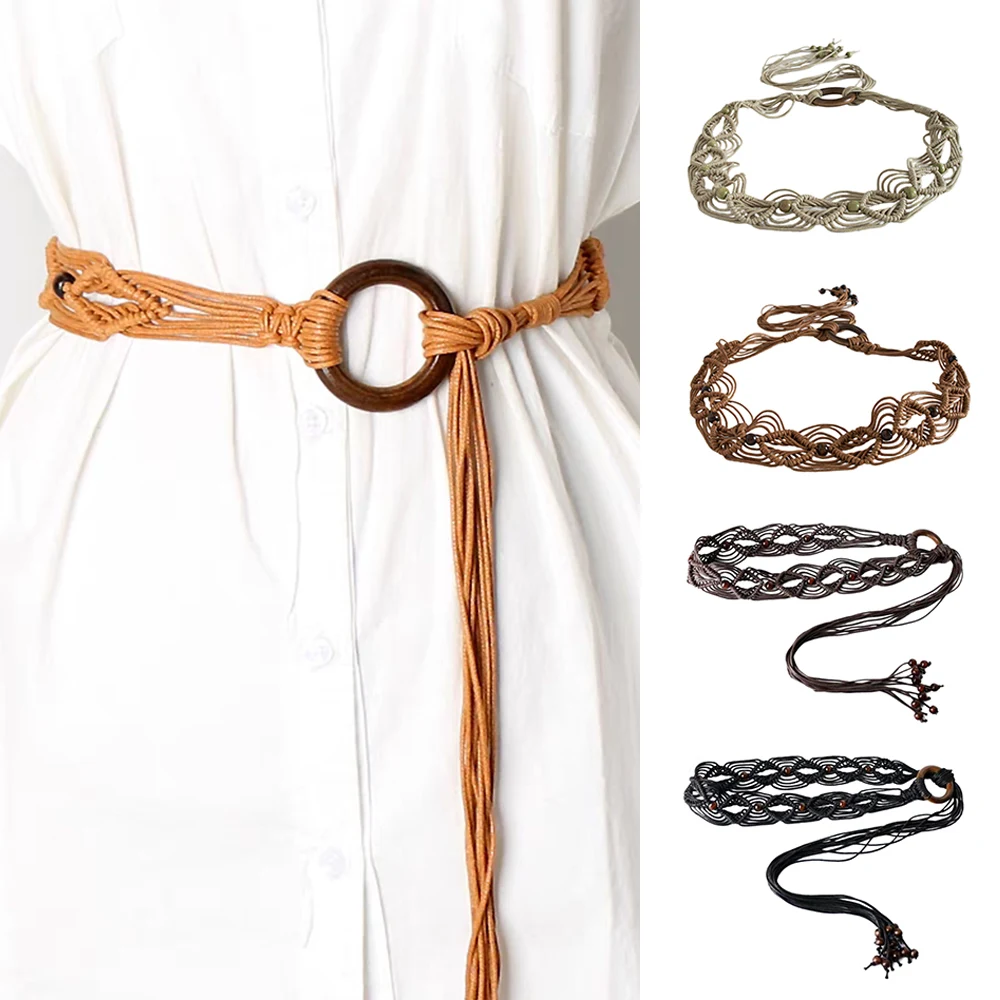 

Braided Women's Belt Knotted Tassels Waist Wax Rope National Style Woven Waistband Fashion Bohemian Decorative System Belt