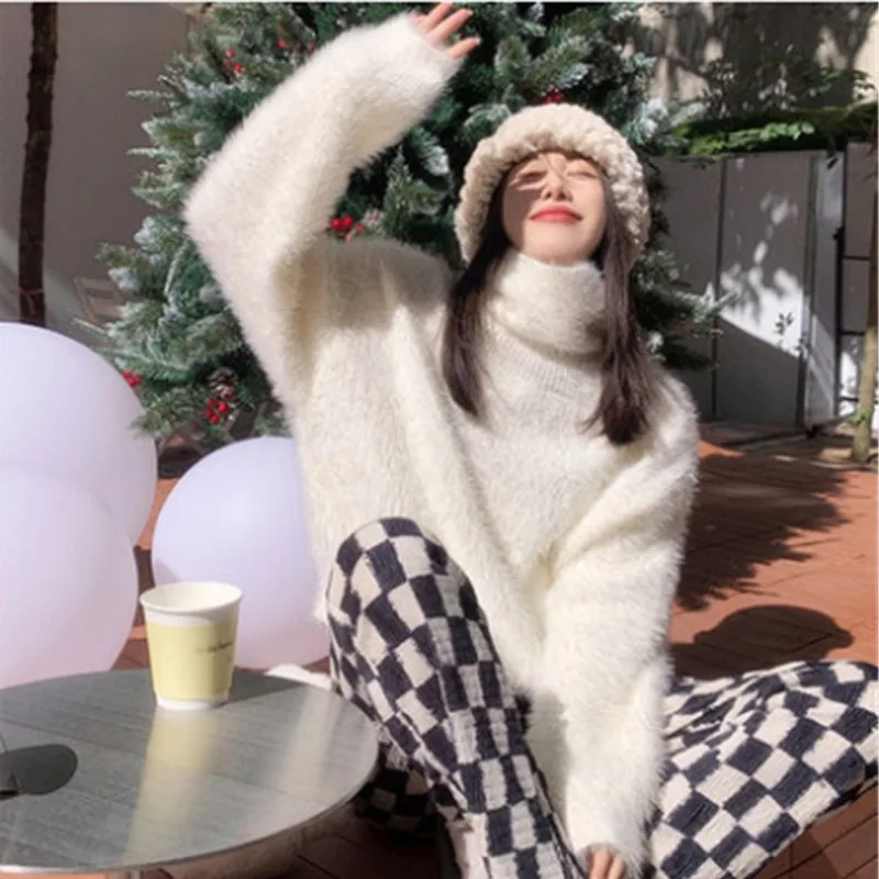 

Turtleneck Sweater Winter Mink Velvet Jumpers Women Winter Thick Cropped Tops Keep Warm Loose Pullovers Casual Streetwear N856