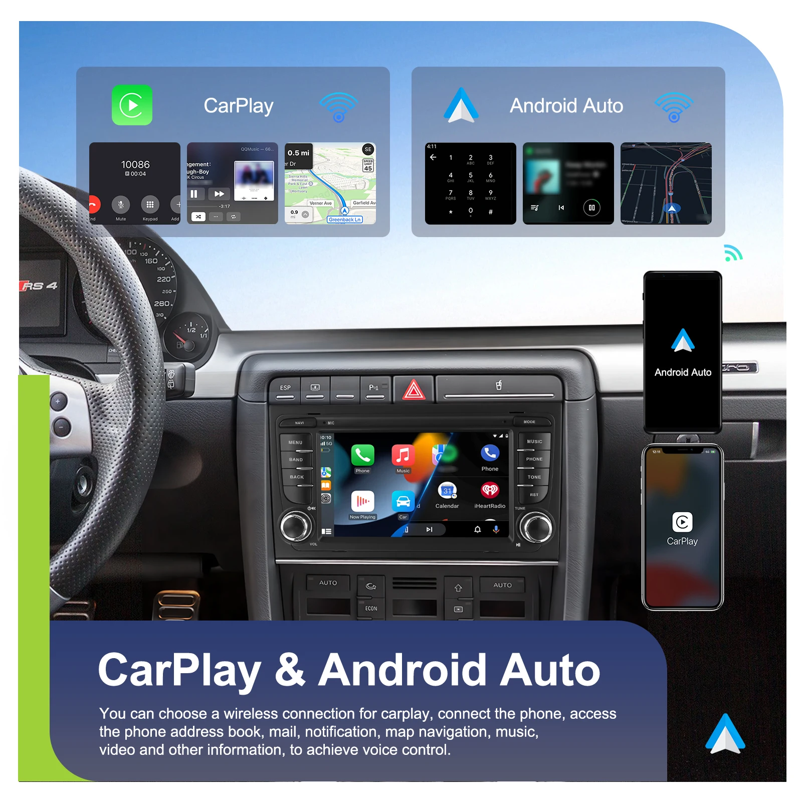 Reproductor de radio para coche Podofo de 7'' con Carplay inalámbrico para Audi A4 2002-2007 S4 RS4 B6 B8 B7, Android Auto, Wifi, GPS, FM, RDS, reproductor multimedia para coche 4