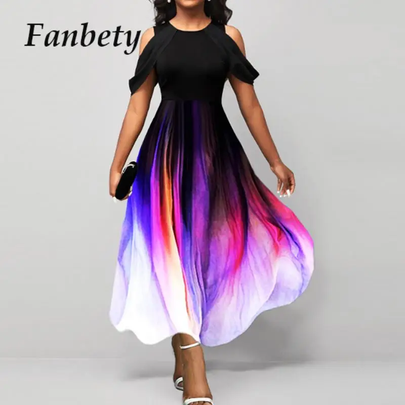 

Vintage Straps Patchwork O-Neck Maxi Dress Women Elegant Gradient Printed Loose Long Dress Lady Casual Off Shoulder Party Dress