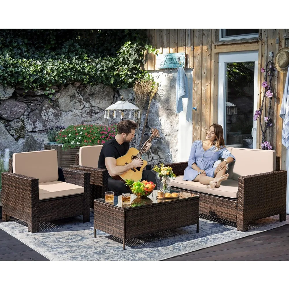 

Wicker Rattan Sofa Chair Balcony Table Chair Set 4 Piece Patio Furniture Set Outdoor Sessions Gardens Sets Garden Chairs Terrace