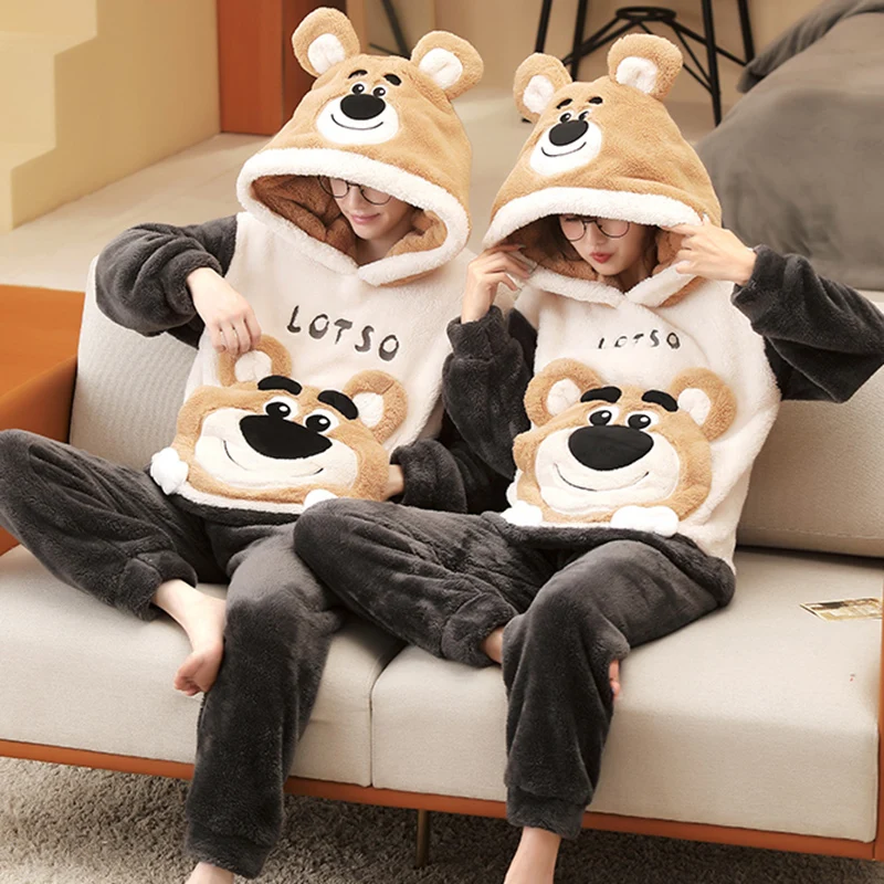 Couple Pajamas Set Women Men Thicken Pyjamas Winter Warm Anime Bear Kawaii Sleepwear Korean Loose Lovers Homewear Pijamas Suit