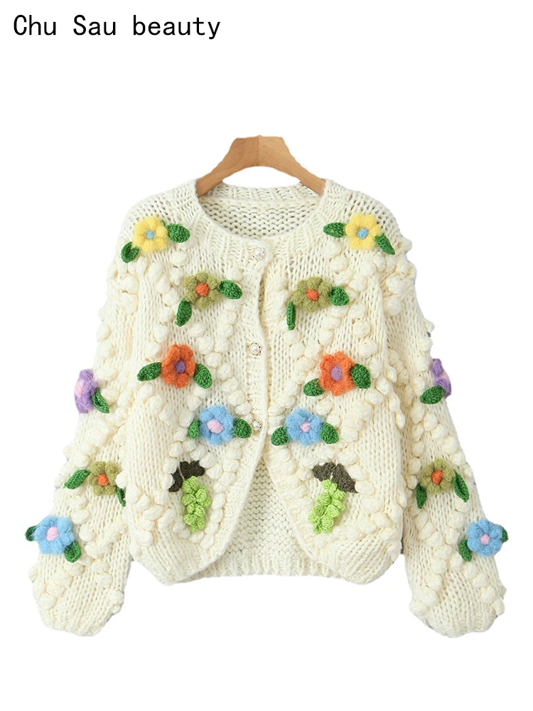 

Chu Sau beauty 2023 Women Autumn Fashion Sweet Handmade Crochet Floral Knitted Loose Cardigan Cute Pearl Button Sweater Knitwear