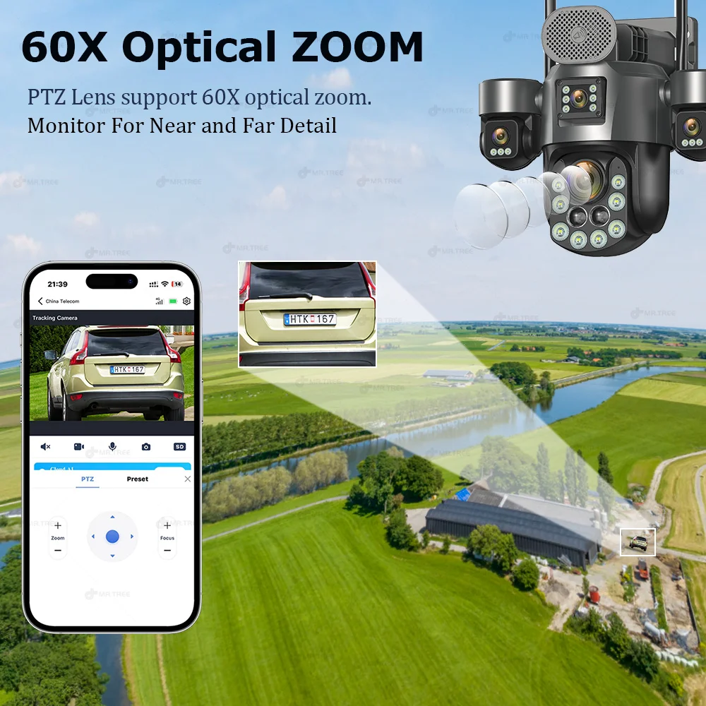4G SIM/eSIM Solar PTZ Security Camera 4 Screen AOV 24 Hour Record 31200mah Outdoor 60X Optical Zoom Auto Track Surveillance Cam 3