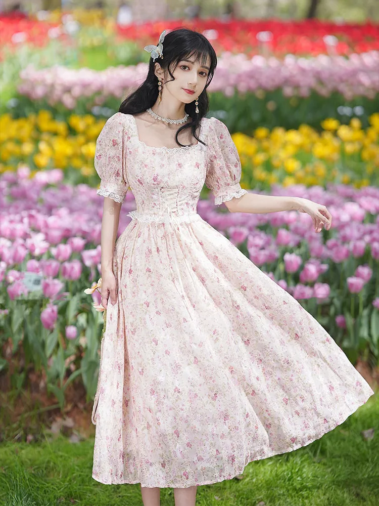 Classic Lolita Fashion Elegant Refined Fairy Short Sleeves Chic Floral  Embroidery Tiered Bottom Midi Dress