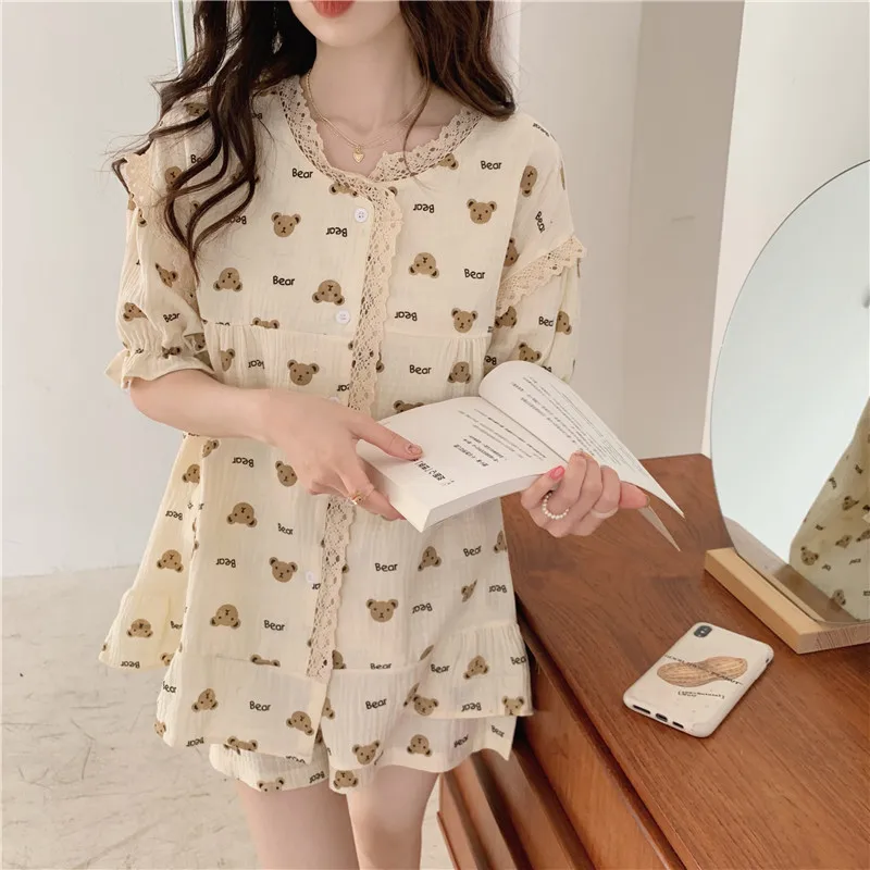 

Cute Kawaii Bear Home Clothes Women Pajamas Set Short Sleeve Shorts Sleepwear Home Suit Cardigans Tops Cototn Soft Pockets D305