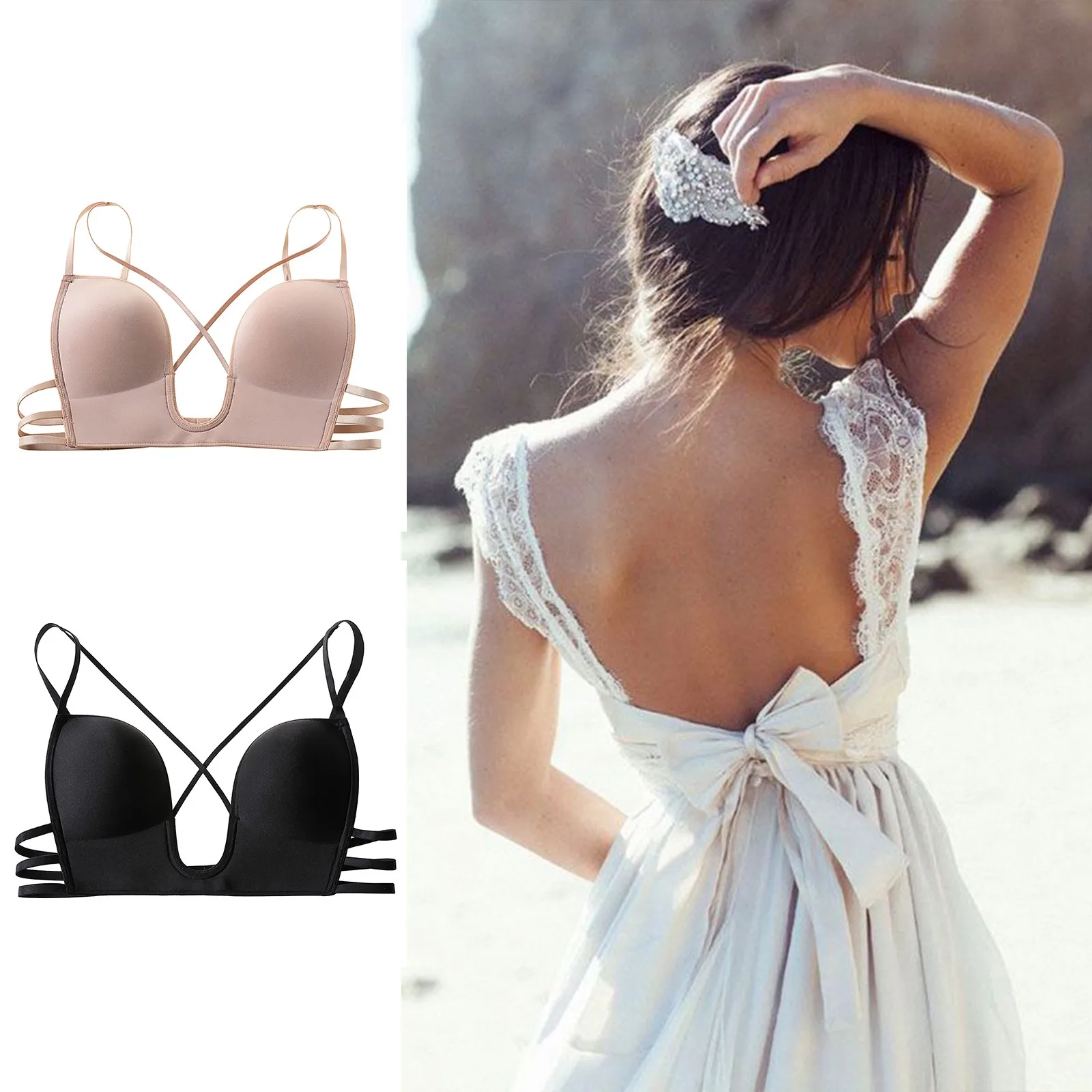 Yandw Sexy Lace Deep V Plunge Push Up Bra For Women Clear Straps Padded  Convertible Underwire Wedding Brassire 