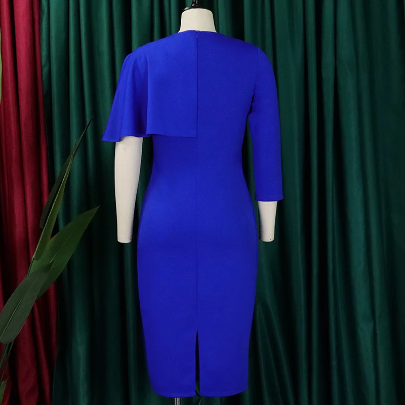 Elegant Solid Back Zipper Pencil Skirt Fashion O-Neck Patchwork Ruffles Three Quarter Sleeve Plus Size Slim Knee-Length Dresses