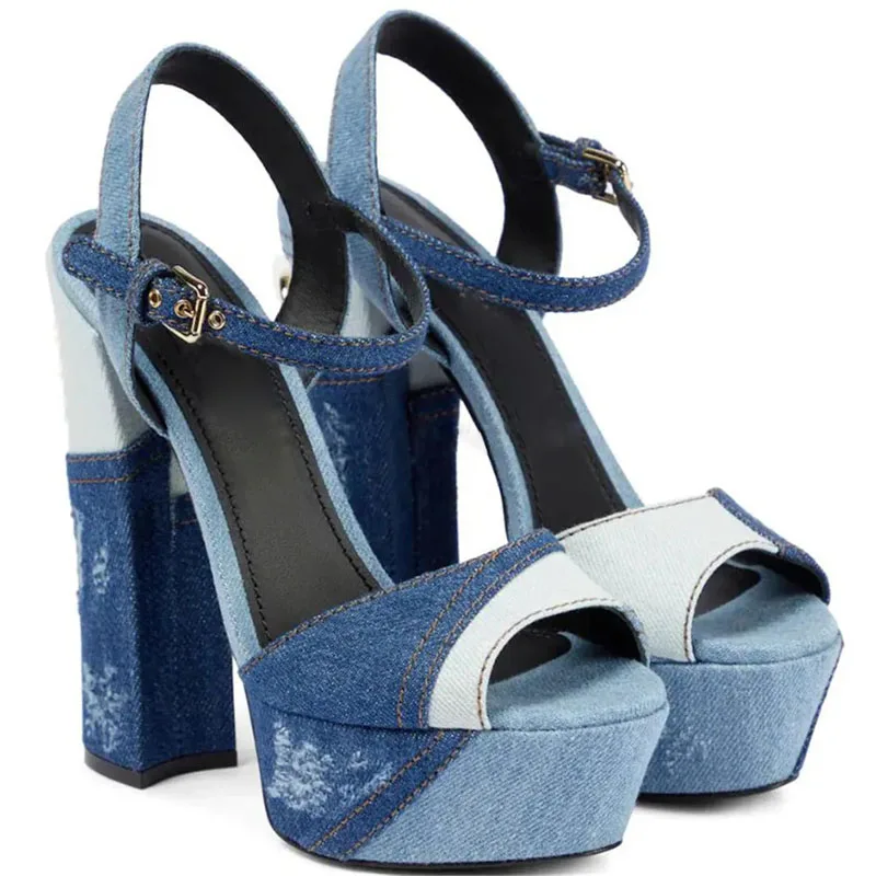 

Женские джинсовые босоножки на высокой платформе, голубые Босоножки с открытым носком и ремешком на щиколотке на толстом каблуке, разноцветные джинсовые туфли