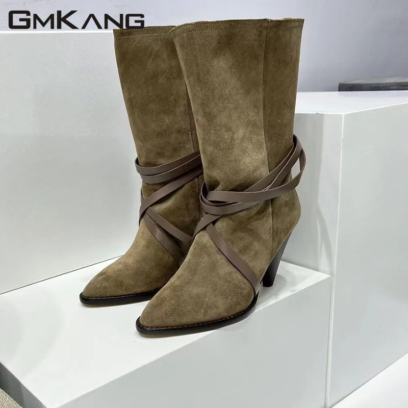 New High Heel Knee Length Short Boots Women's Cross Lacing Pointed Short Boots Women's High Quality Velvet Modern Long Boots Wom