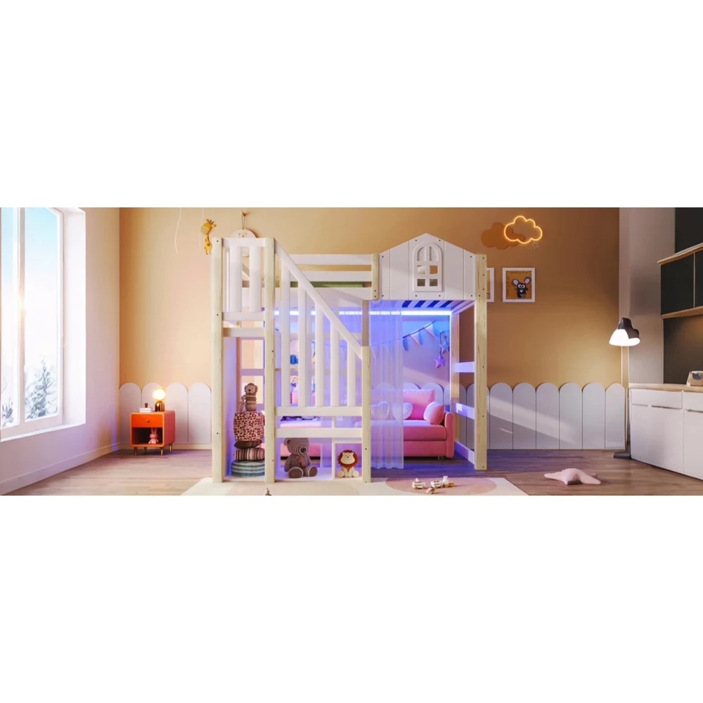 90x200cm Kinderzimmer-Hochbett, mit LED-Leuchten und Gaze, Fensterform, offenes Aufbewahrungsfach, Weiß + Natur (ohne Matratze) – Detail 27