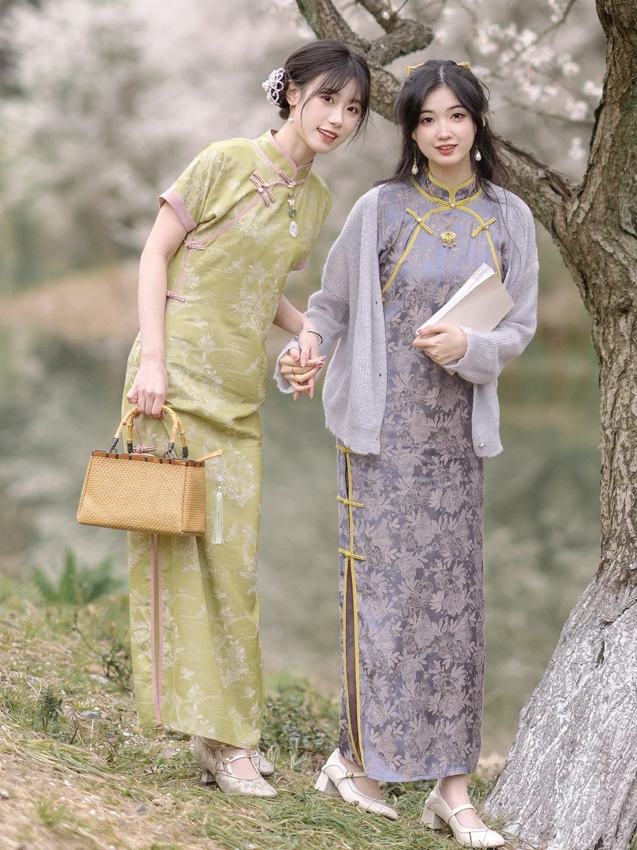 

Retro China Elegant Restoration Sense of Color Purple Green Qipao Dress Contrast Full Cardigan Jacquard Satin Cheongsam Female