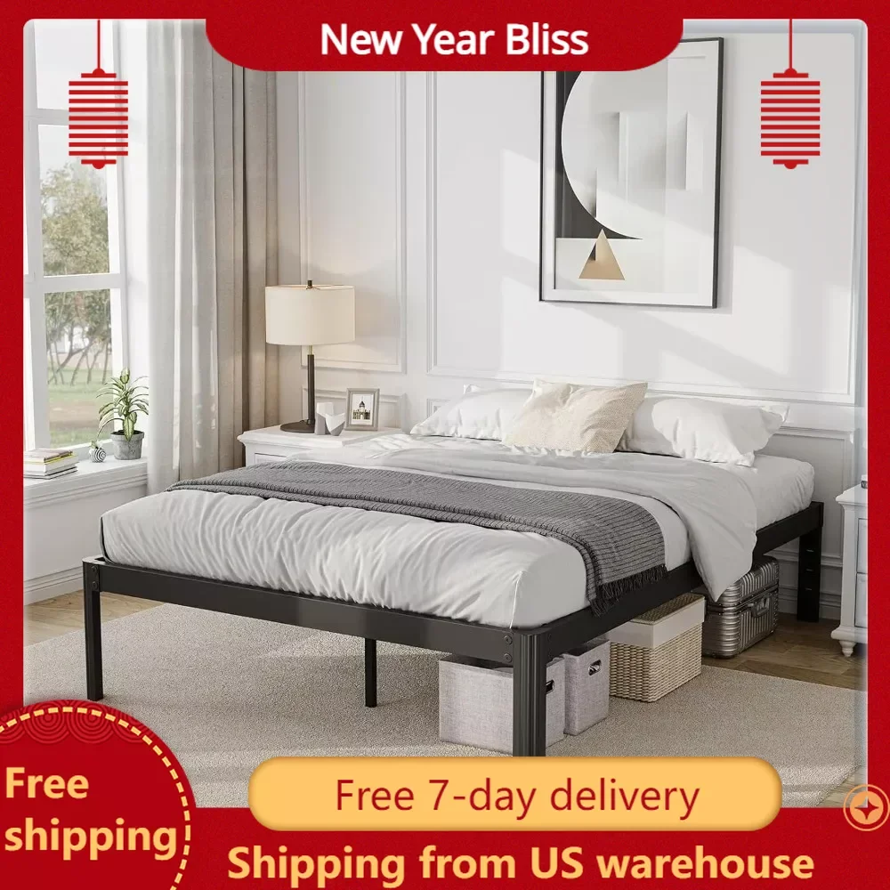 

18" Queen Size Bed Frame with Rounded Legs, Noiseless Mattress Base Support, Black, Heavy Duty Non Slip Metal Platform Bed Frame