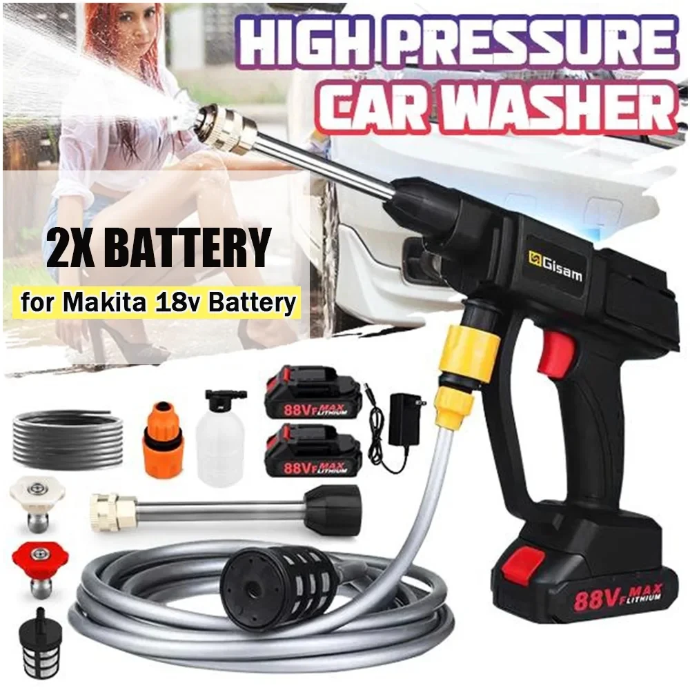 GISAM Electric High Pressure Washer, cordless car washing spray gun, water gun, compatible with Makita 18V battery pins