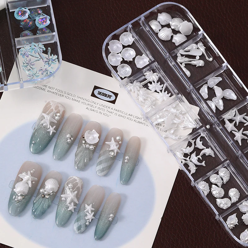 12 Grids/Box Aurora 3D Nail Charms - Shell Starfish Mermaid Tail Oceanic Accessories, Dreamy Manicure DIY Salon Decorations