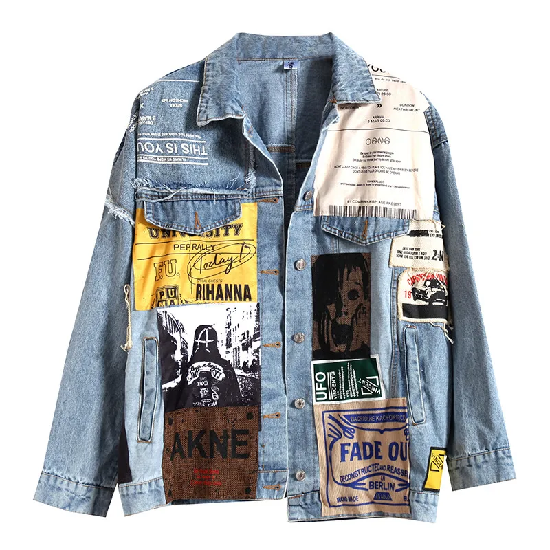 

Женская Осенняя джинсовая куртка Nice Pop, винтажное пальто, джинсовая куртка с аппликацией и узором, черное пальто, женская Повседневная Свободная верхняя одежда