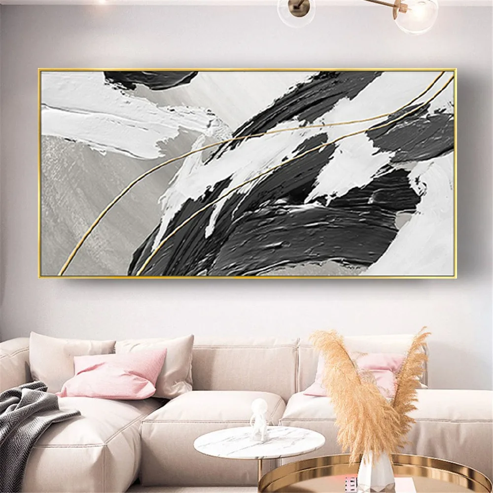 

Purely Handmade Abstract Black And White Gold Modern Oil Painting On Canvas Paintings Decor Living Room Wall Art Decorative Home