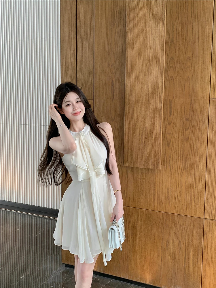 Elegant Halter Ruffles Short Dresses for Women Diamond Sleeveless A-line Sexy Evening Party Dress Prom Korean Chic Vestido Mujer