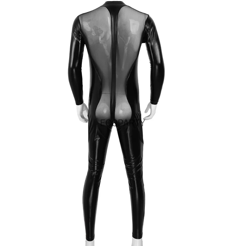Men Faux Leather Stretch Catsuit Sexy Transparent Mesh Zipper Open Crotch Erotic Tight PVC Bodysuit Fetish Costumes
