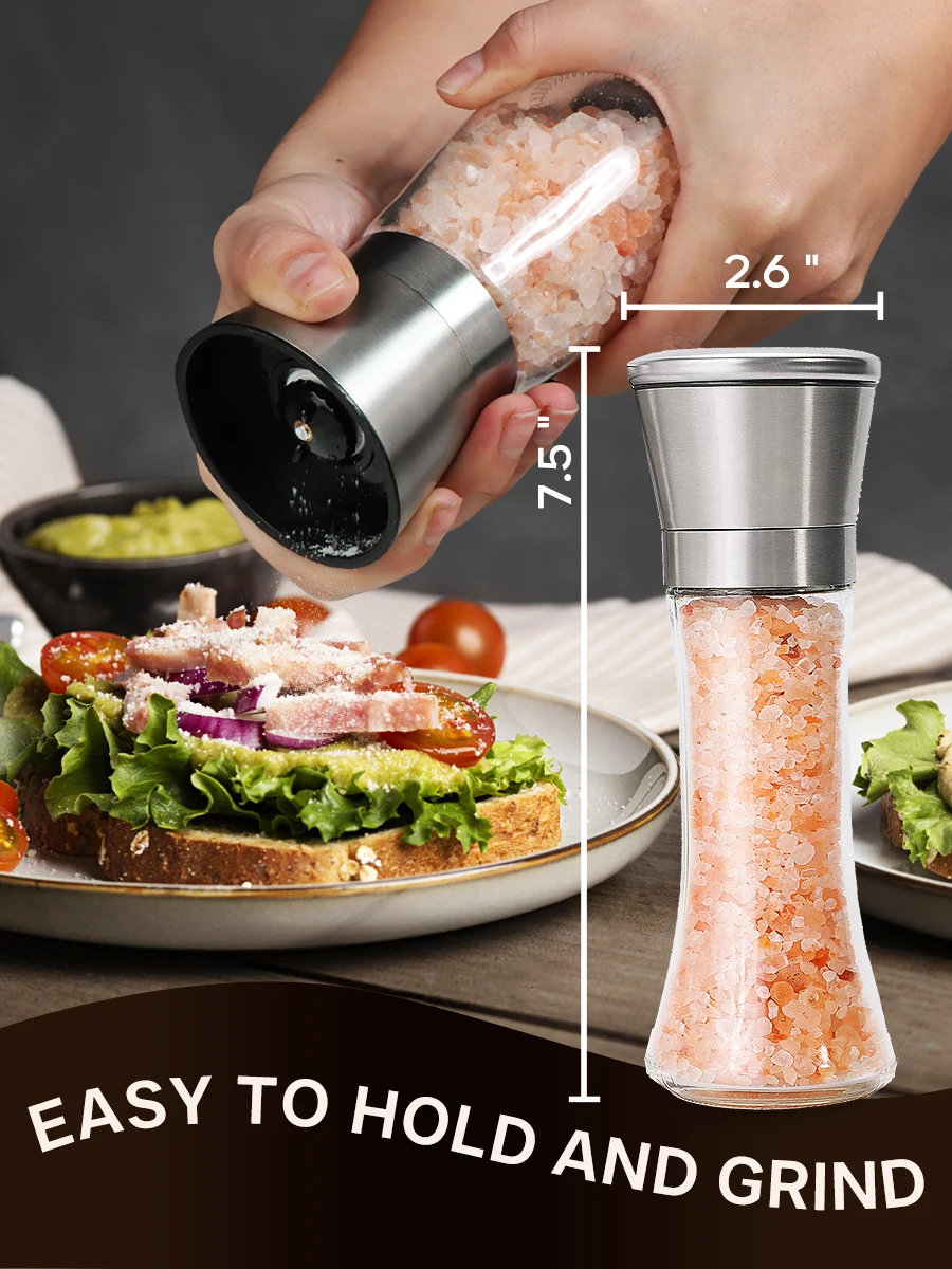 Stainless Steel Salt and Pepper Grinder Set Pepper Mill Salt Mill Adjustable Coarseness Glass Spice Shakers
