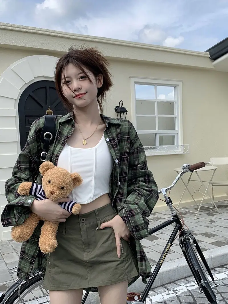 Shirt Plaid Turn-Down Collar Retro Classic Design Women Baggy Long Sleeve Female Blouses Spring Summer BF Vintage Oversize Chic