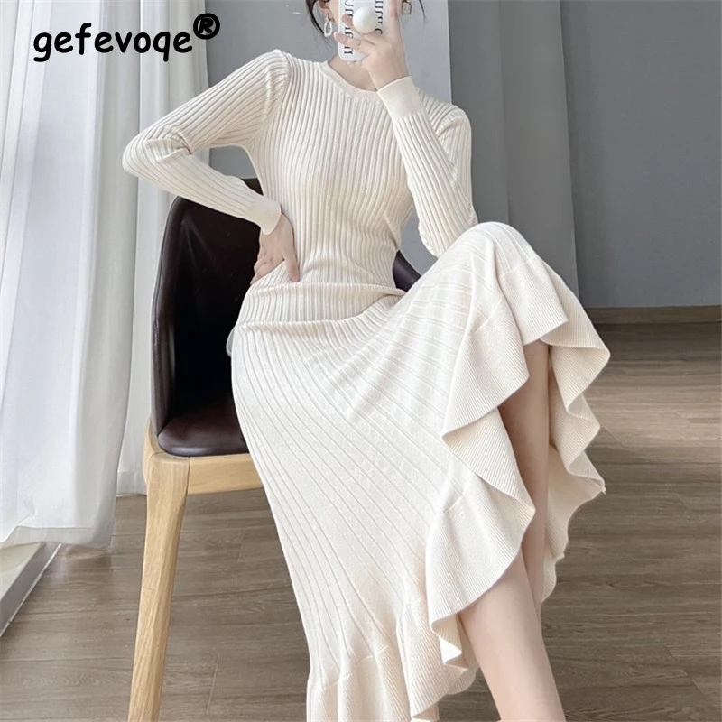 

Autumn Winter Women's Elegant Fashion Ruffles Knitting Mermaid Bodycon Dress Ladies Solid Color Temperament Slim Robe Vestidos