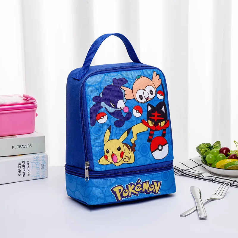 Anime Pokemon Pikachu New Children's Portable Lunch Box bag Snack milk Fruit Storage Bag Creative Double-layer Student lunch Bag black baseball caps