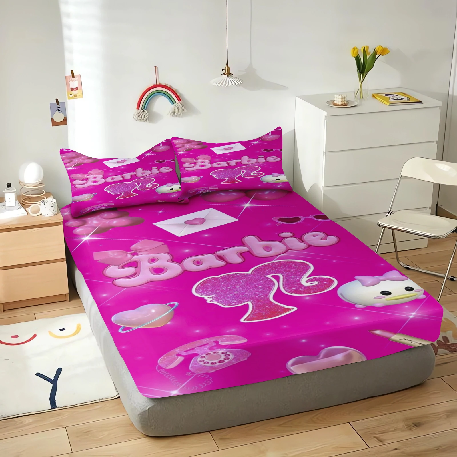 

Barbie Cartoon Fitted Sheet Fairy Princess Coverage Sheets Cover Teenager With Elastic Children Cute Digital Printing Bedding