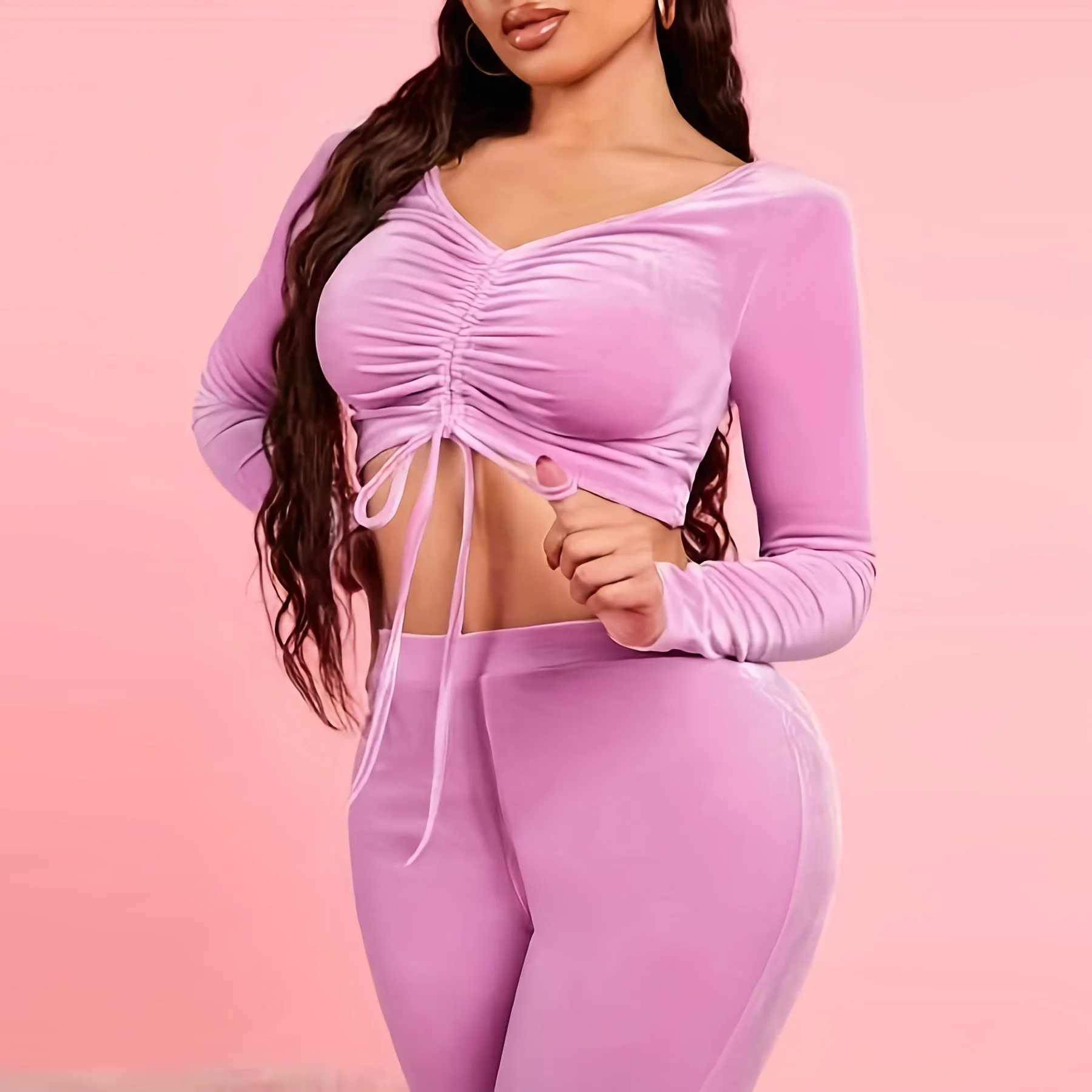 Autumn Clothes Women Sexy Suit Pleated Crop Top Shirt & Stacking Pencil Pants Two-Piece Set Ladies Fashion Casual Slim Set