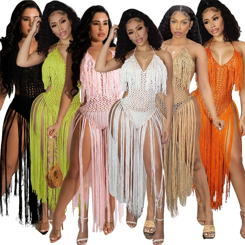 

Hand Crochet Tassel Knitted Lace Up Beach Dress Women Sexy Hollow Out V Neck Halter Backless Bodysuit Fringed Cover Up Tunic