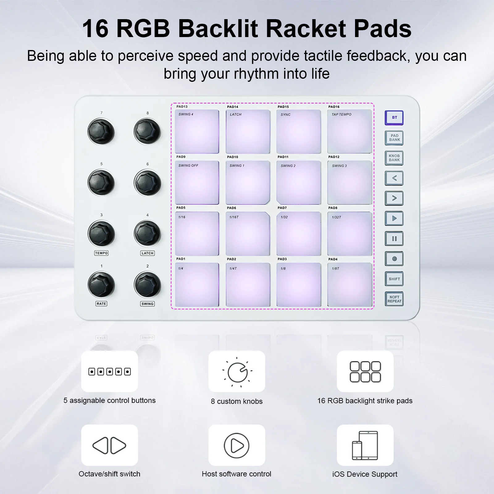 

MIDI Controller Strike Pad RGB Backlight MIDI Keyboard BT Connection Low Latency 3.5mm Output Interface ith 16 Strike Pads