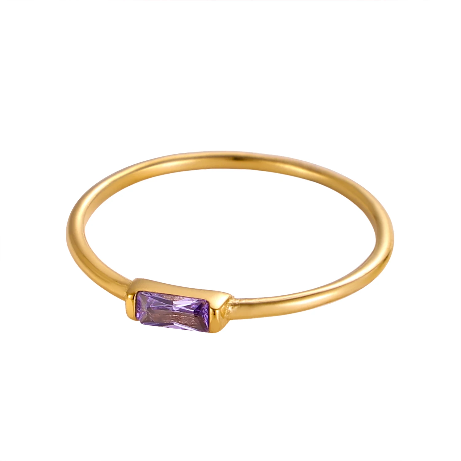 CARLIDANA 18K Gold Plated Square Simple Colorful Zircon Stainless Steel 12 Months Birthstone Stackable Ring for Women