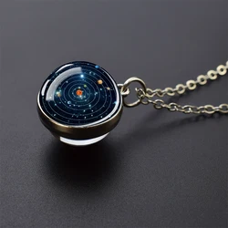 Celestial Galaxy Pendant Necklace - Double - Sided Glass Ball Astronomy Jewelry Gift (Solar System)