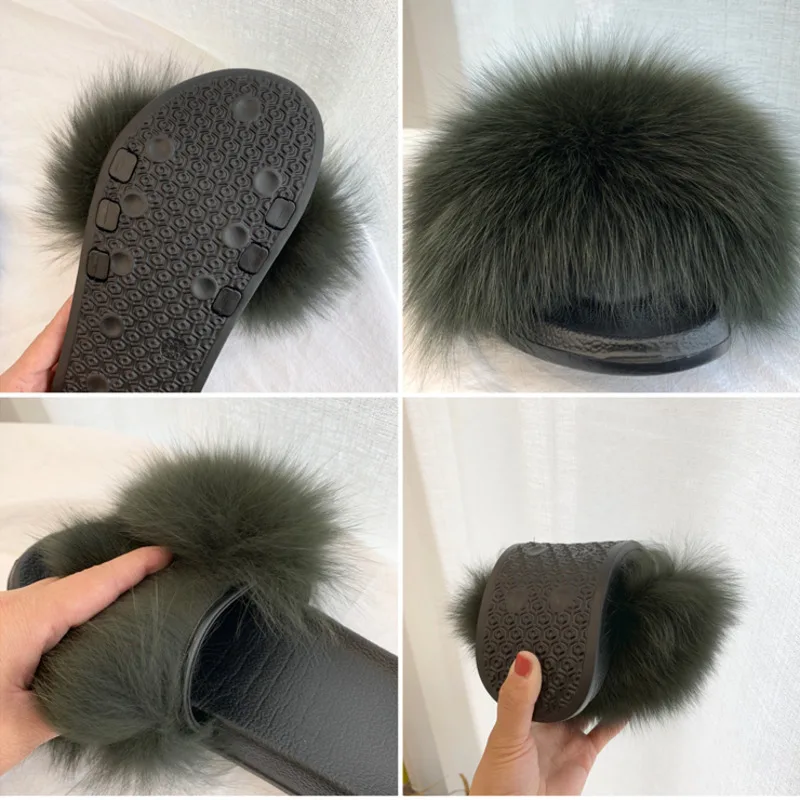 Real Fur Slides Summer Fox Fur Slippers Women Indoor House Ladies Fur Sandals Furry Flip Flops Plush Shoes Woman EVA Slippers — view 3