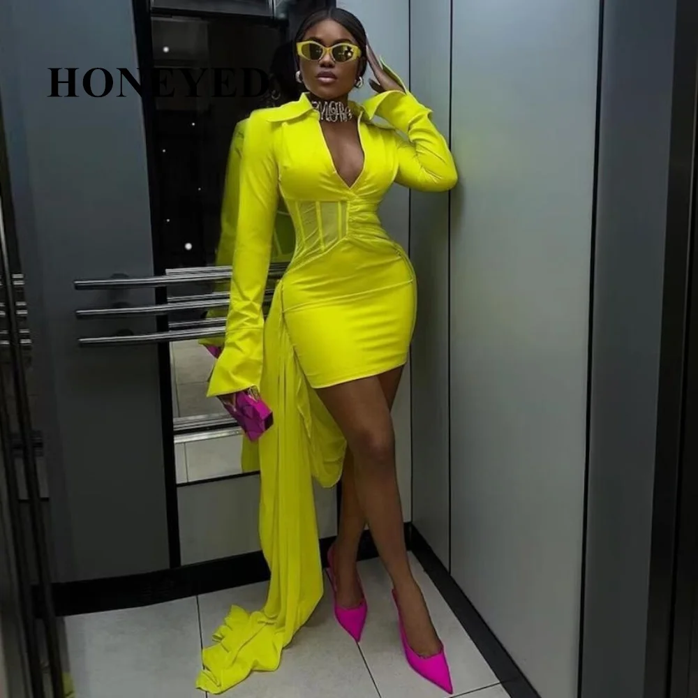 

HONEYED Lemon Yellow Short Prom Dresses Sexy V Neck Vestido Des Cocktail Party Gowns Long Sleeves Women Mini Night Club Dress