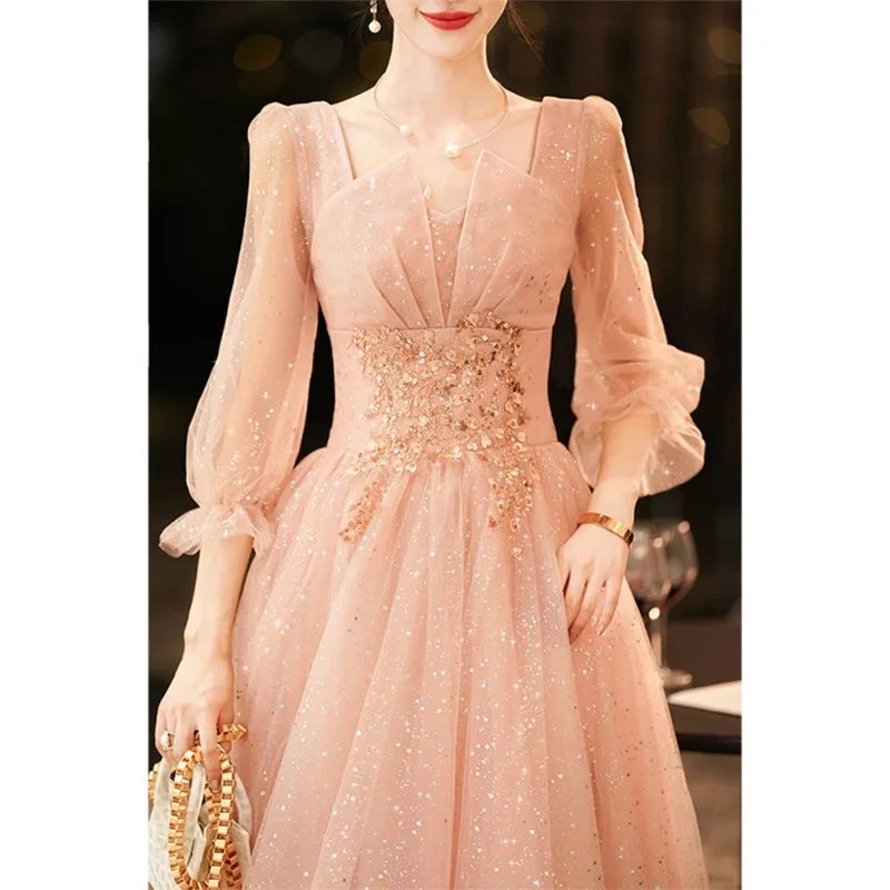 

Charming Pink Prom Dress with A-line Skirt, Exquisite Beading and Long Sleeves for Women's Artistic Temperament