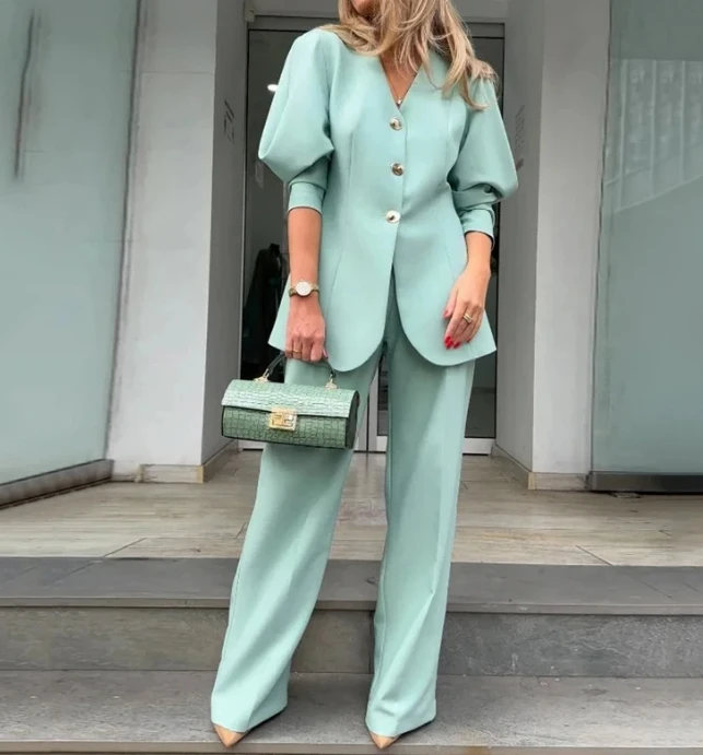 Women Elegant Style Pants Set 2024 Early Spring Latest Solid Color Lantern Sleeves Loose Buttons Suit Temperament Commuting Set 2024 full lace evening party dresses with half puff sleeves heart shape neck buttons front ankle length prom gown