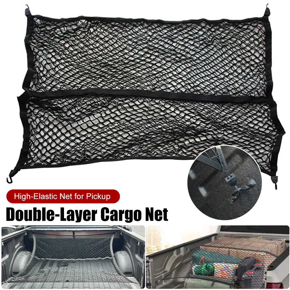 Highly Elastic Truck Bed Cargo Net – 4'x4' (Stretches To 7'x7'), Double Layer, With Carabiners & Hooks For Light Loads