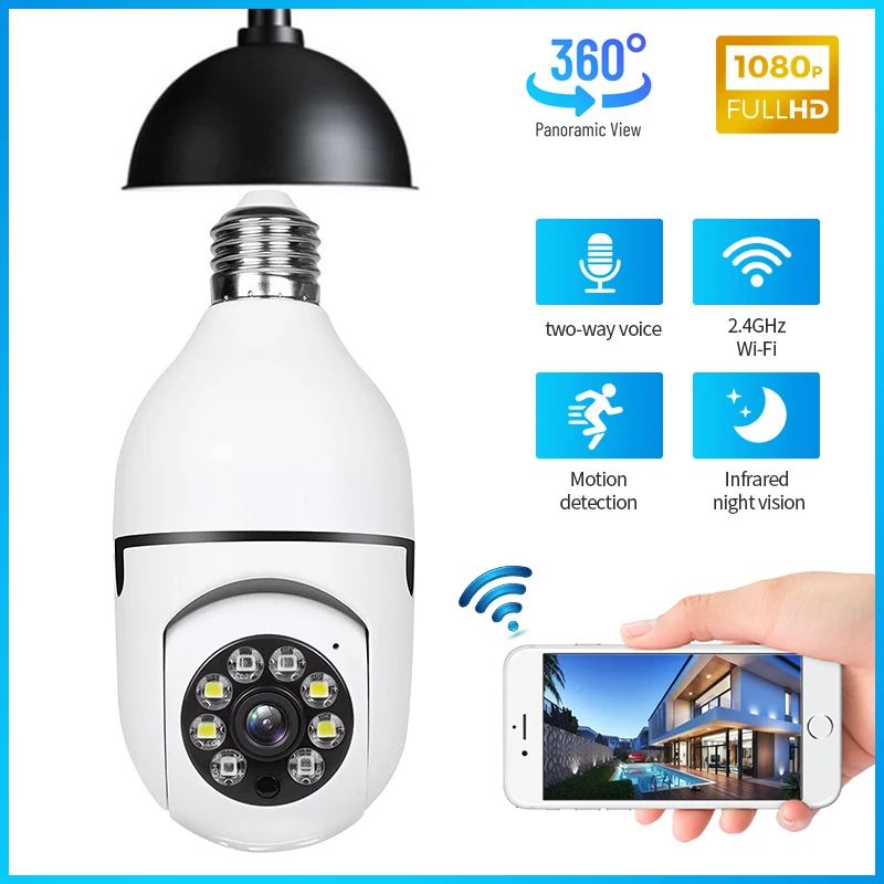 E27 Bulb Camera HD 1080P 360° Rotate Panoramic Outdoor WiFi Security Surveillance Cameras Night Vision Two Way Talk Baby Monitor