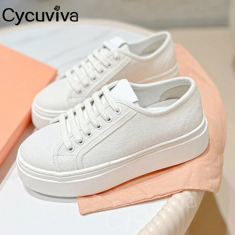 

White Canvas Lace Up Flat Sneakers Women Platform Slip On Loafers Ladies Spring Flats Casual Runners Shoes For Woman Mules