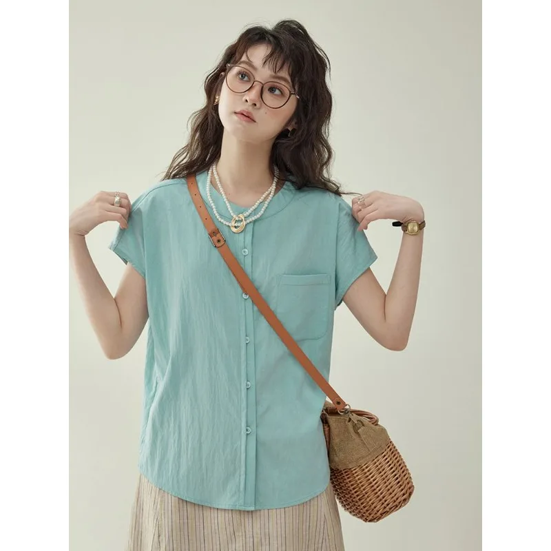

Новинка 2024, Модная хлопковая синяя свежая простая Свободная рубашка с карманами и коротким рукавом, женский летний топ