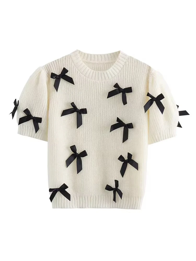 HH Spring Autumn Women Elegant Fashion Bow Decoration Sweaters O-Neck Half Sleeve Knitted Pullover Loose Casual Knitwear Top