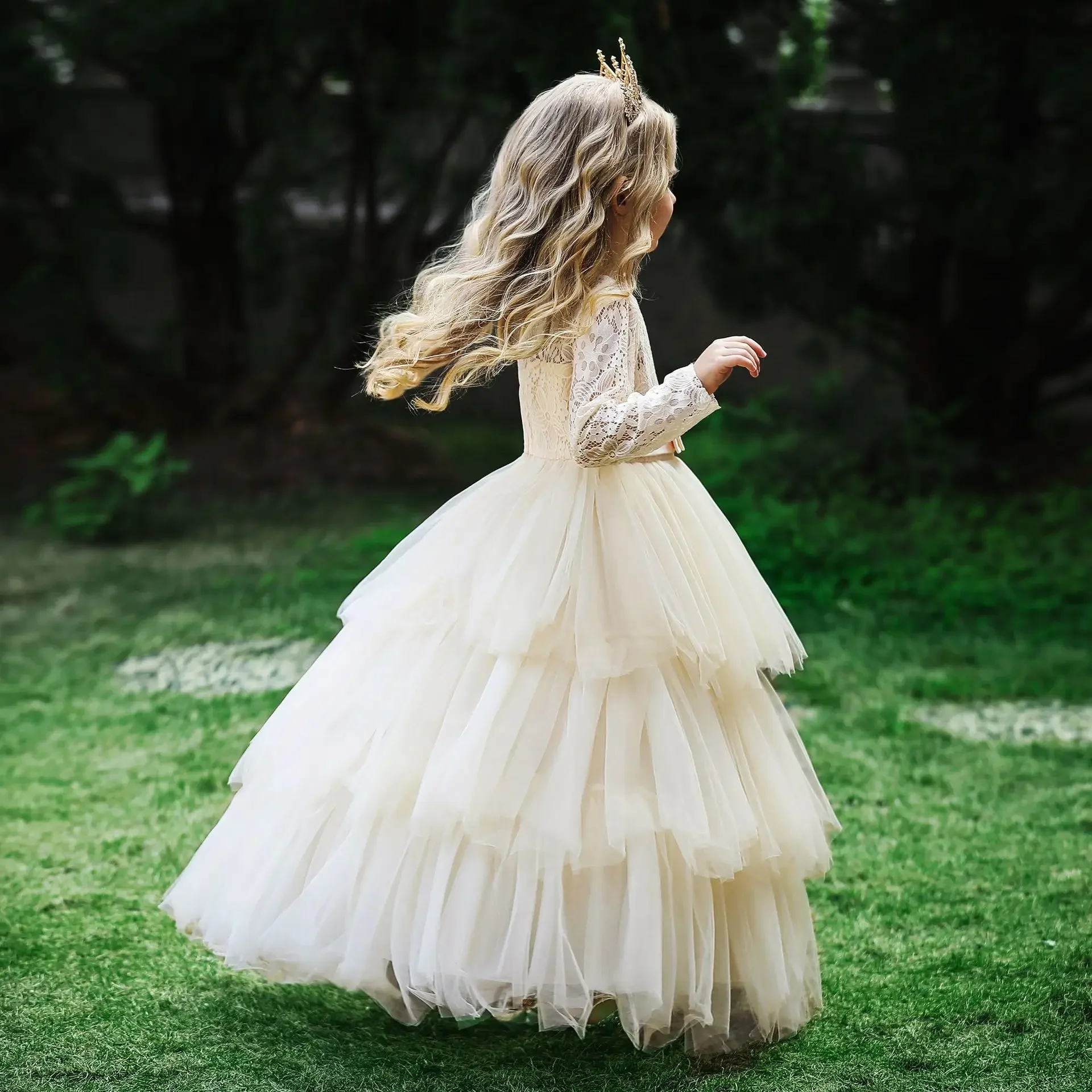 

White Pink Puffy Flower Girl Dress Champagne First Communion Dresses Lace Long Sleeve Tulle Cake Older Kids Little Bride Dress