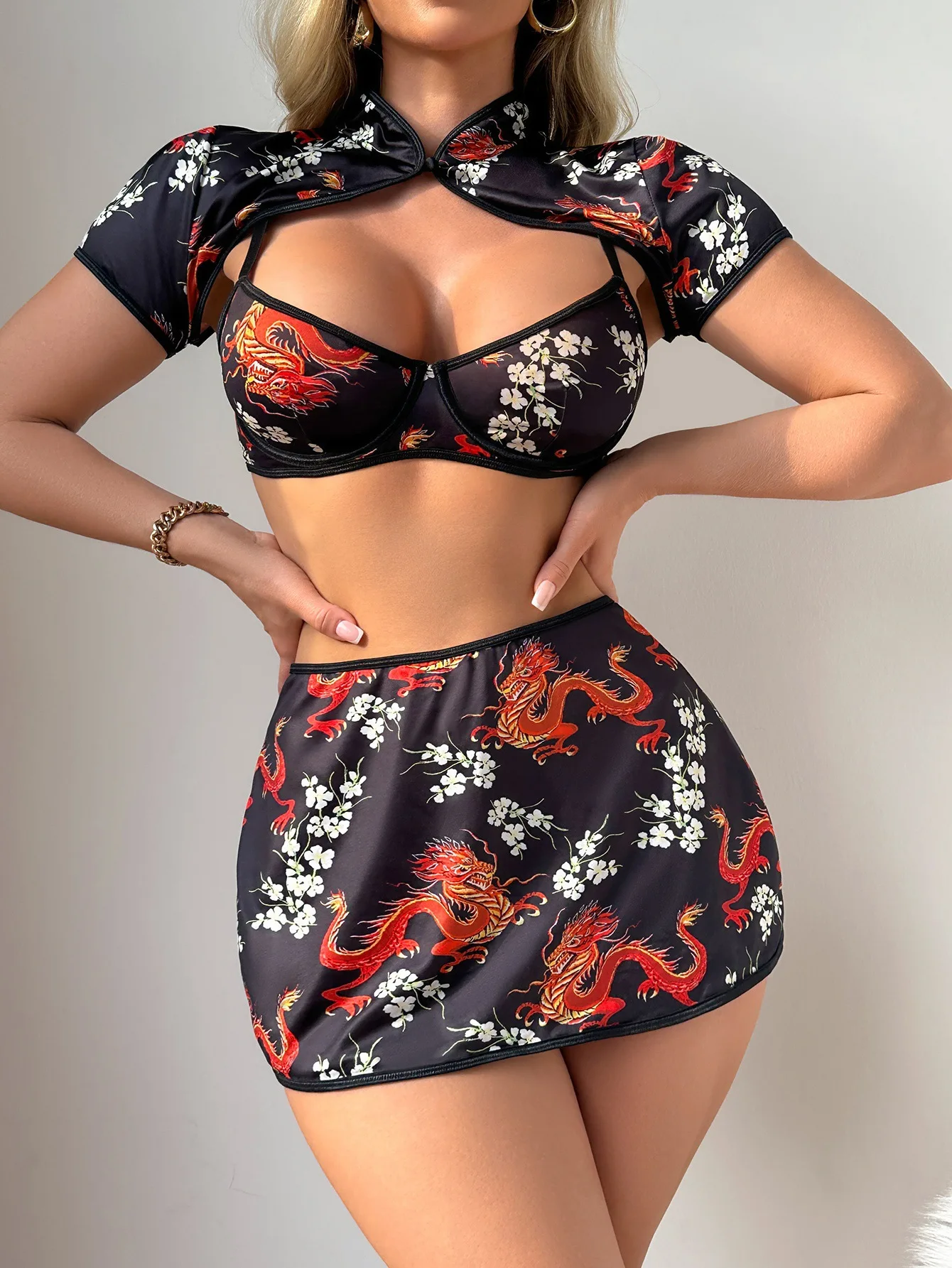 Dragon Print Skirt Set shown with matching top, skirt, and statement printed fabric