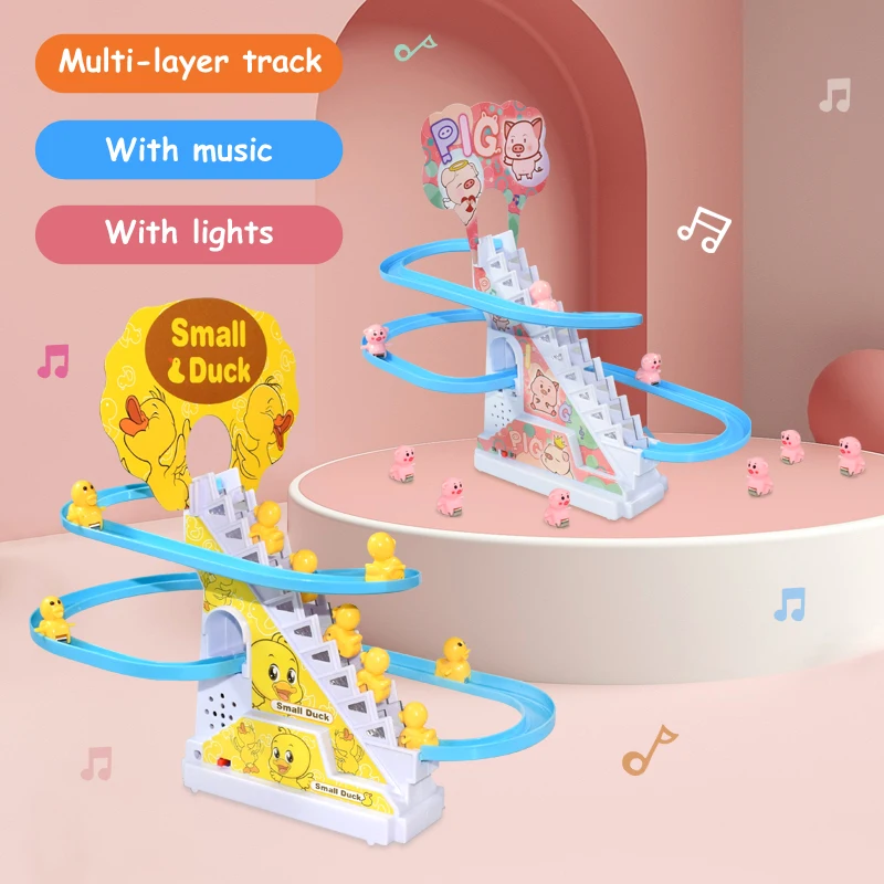 Kids Electric Small Duck Climbing Stairs Toy DIY Track Slide Roller Coaster Toys Set Light Music Boy Girl Gift 4