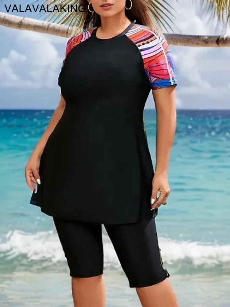 2024 Patchwork 2 Piece Plus Size Tankini Set Women Large Big Muslim Swimsuit High Waist Lady Swimwear Chubby Curvy Bathing Suit