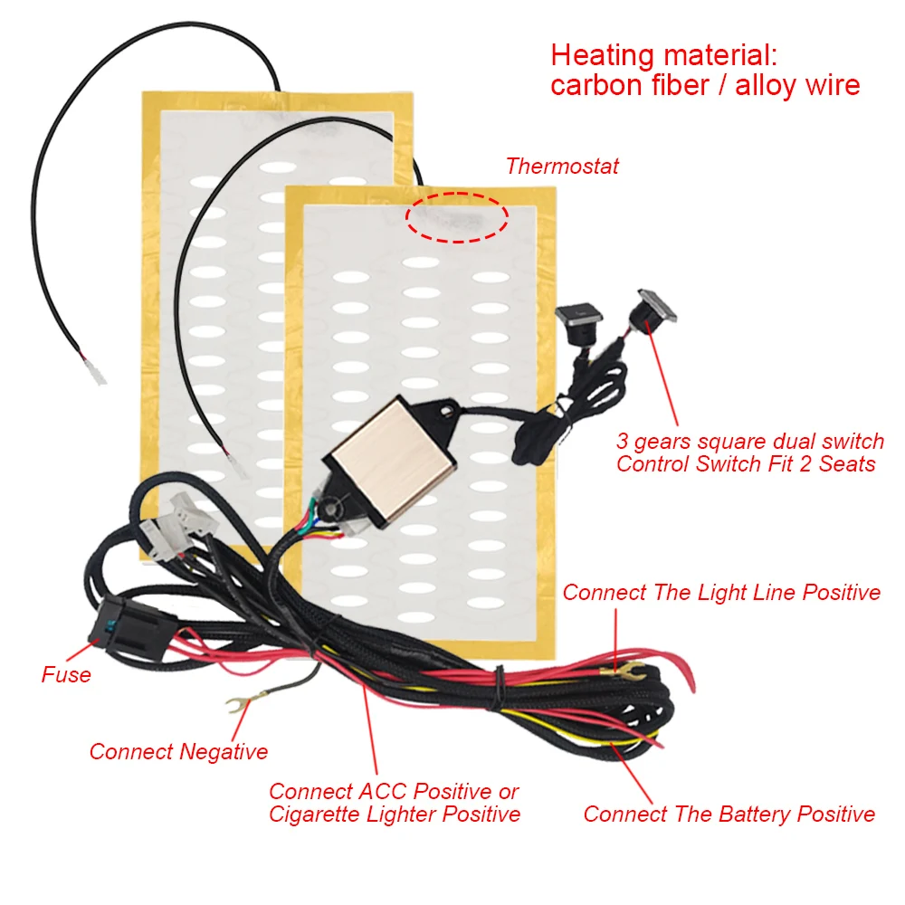 12V Universal Built-in Car Seat Heater Kit Fit 2 Seats Alloy Wire Heating Pads 3 Gear Square Control Switch Warmer Seat Cover 5