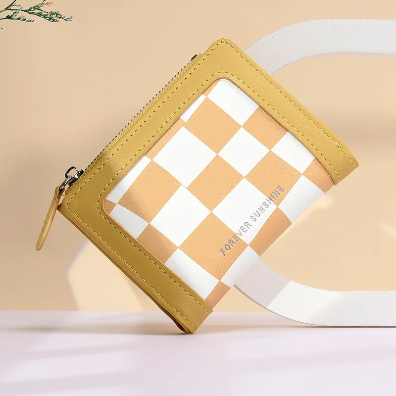 Small Short Wallet Korean Grid PU Leather Women Fold Zipper Coin Purses Card Holder Credit ID Card Clip Coin Handbag Pocket 3