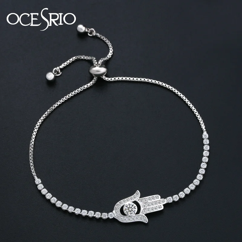 OCESRIO Paved Zircon Hamsa Silver Color Charm Bracelet Hand of Fatima Adjustable Women Fashion Jewelry