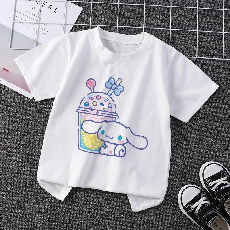 

Sanrio детская футболка Kawaii футболка Hello Kitty Cinnamoroll мультфильмы повседневная одежда Аниме футболки детская одежда для девочек
